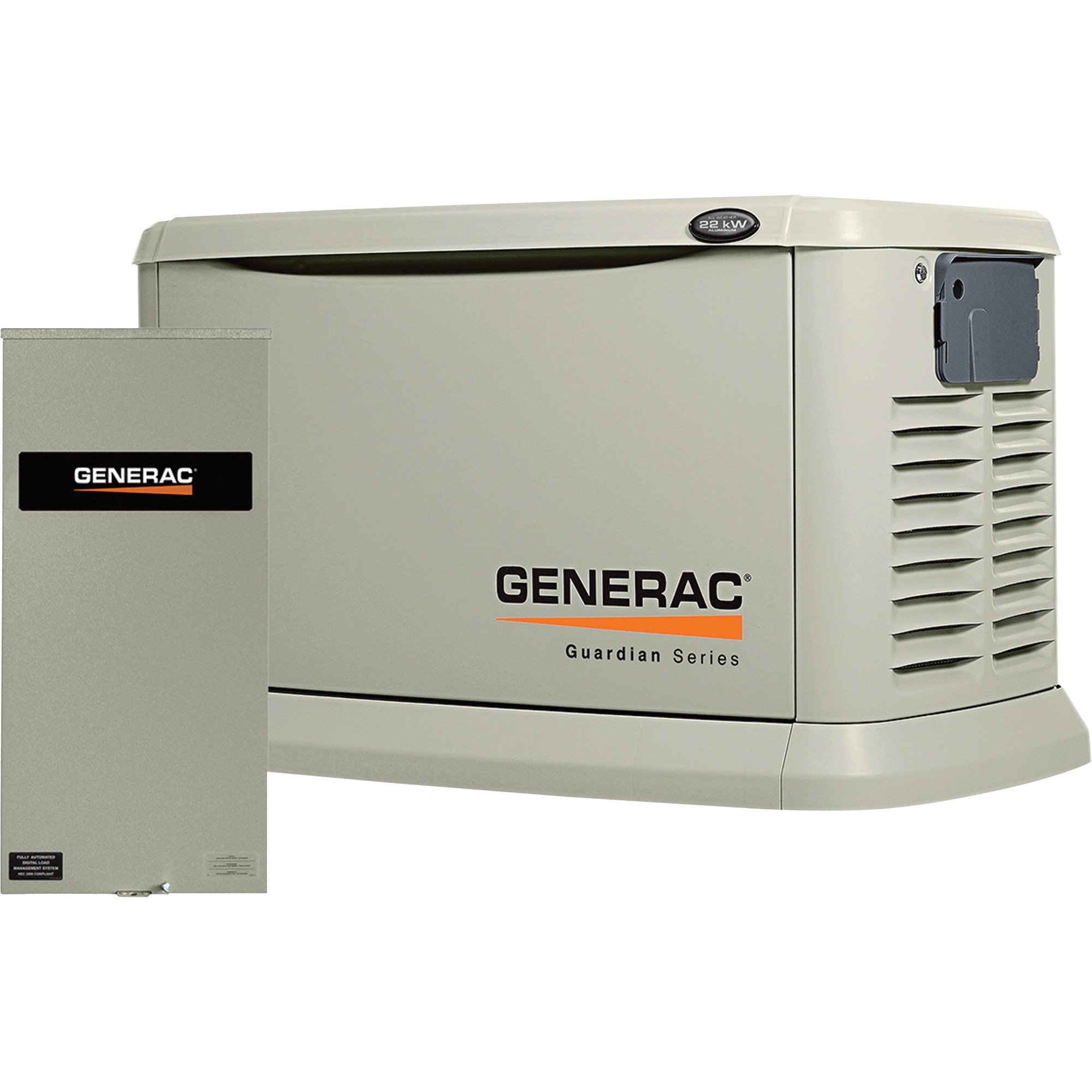 Please see replacement Item# 54317. Generac Guardian Air-Cooled Standby Generator — 22kW (LP)/19.5kW (NG), 200 Amp Service-Rated Automatic Transfer Switch, Model# 6551